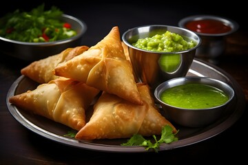 A tempting plate of samosas, golden and crispy, filled with a spiced potato and pea mixture.