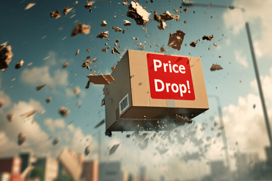 Price drop concept image with cardboard box dropping from the sky with written Price drop on it