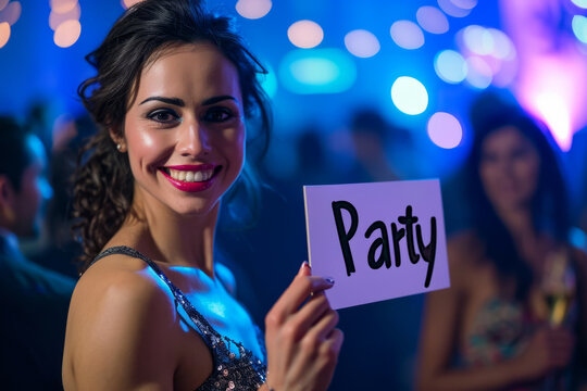 Party concept image with happy smiling young beautiful woman holding a sign with written party word at a nightclub