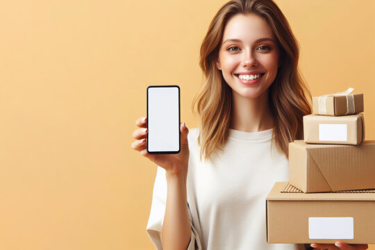 Happy Woman Holding Clear Blank Craft Stack Cardboard Boxes And Smartphone With White Screen Mock Up. Ai Generative