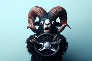 Photo of scared ram with a car steering wheel on solid color background. ai generative