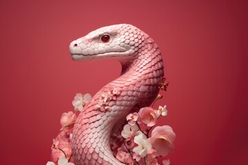 Fototapeta premium Mystic pink snake and rose flowers on blurred purple floral background. King snake wrapping around colorful flowers. Floral illustration in vintage style. Exotic pet portrait
