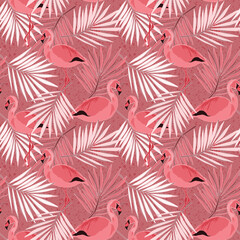 Fototapeta na wymiar Seamless monochrome tropical pattern. Pink flamingo and palm leaves on a dark peach background.