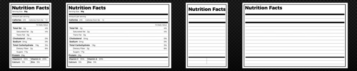 Nutrition facts template. Nutrition food blank label vector