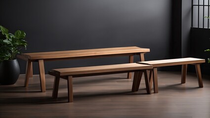 "Wooden Bench Trio: Handcrafted Design Against a Dark Background"