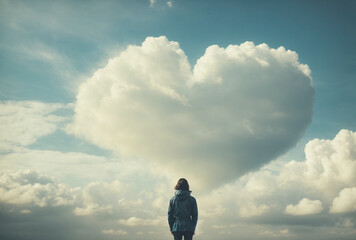 person looking at the heart-shaped cloud