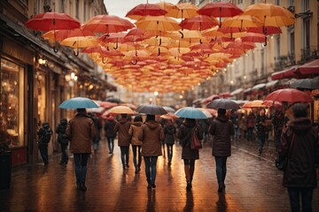 the flow of people with umbrellas on a pedestrian street. ai generative