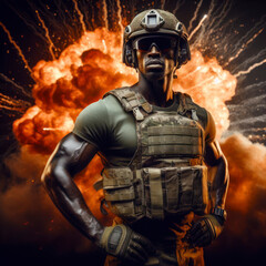 Strong army man wearing bulletproof vest, helmet and goggles. Fire and explosions at backdrop. ai generative - obrazy, fototapety, plakaty