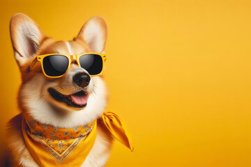 Summer corgi dog wearing yellow sunglasses and neckerchief on yellow background. ai generative - obrazy, fototapety, plakaty