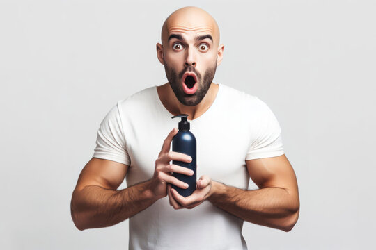 surprised bald man hold shampoo in his hands on solid color background. ai generative