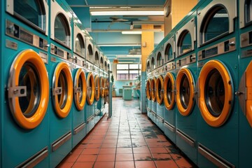 Numerous industrial laundry machines in the laundromat store, laundry --ar 3:2 --v 5.2 Job ID: 20616470-4978-45f5-b22c-03eff92d975d - obrazy, fototapety, plakaty