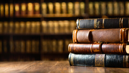 Stack of antique leather books in library. literature or reading concept, copy space