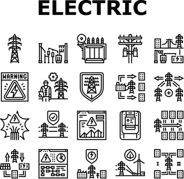 electric grid energy power icons set vector. tower transmission, utility industry, high pylon, voltage distribution, network electric grid energy power black contour illustrations