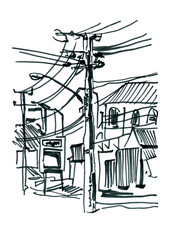 Sketch of a street in the old town. Black pen illustration, isolated on white background bridge