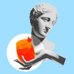 Female antique statue bust and sweet and sour cocktail over pastel blue background. Contemporary art collage. Concept of party, surrealism, alcohol drinks. Pop art. Noise, grainy effect