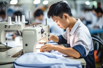 A young male worker sews a shirt in a garment factory