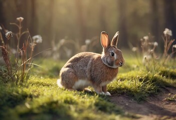 Fototapeta premium gray rabbits in the grass among colored eggs at sunset or sunrise. Spring or summer sunny day outdoors.