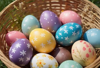 Fototapeta na wymiar Painting easter eggs on wicker basket
