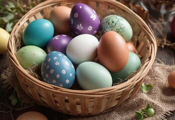Naklejka na ściany i meble Painting easter eggs on wicker basket