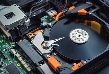 The abstract image of inside of hard disk drive on the technician's desk and a computer motherboard as a component. the concept of data, hardware, and information technology.