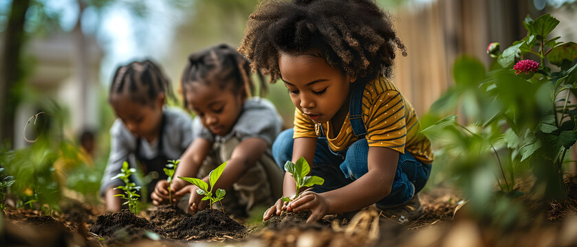 African American Kids at a community Park on Sunny Day tending to their plants and flowers with enthusiasm