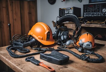 Fototapeta premium personal protective equipment, construction helmet, hearing protection, dust protection.