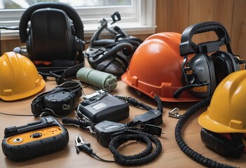 personal protective equipment, construction helmet, hearing protection, dust protection.