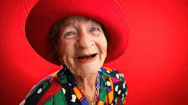 Smiling distorted fisheye portrait caricature of funny elderly woman smiling with red hat and no teeth isolated on red background.
