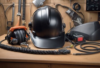 personal protective equipment, construction helmet, hearing protection, dust protection.
