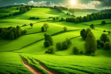 Naklejka premium landscape with green field and blue sky