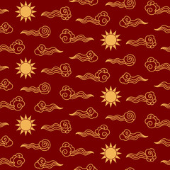 Traditional Asian clouds and sun gold seamless pattern on red background. Vector illustration. Line art style design. Lunar New Year, Mid Autumn Festival holiday backdrop, package, banner