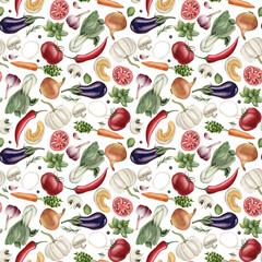 Watercolor seamless pattern with colorful vegetables on white background. For use in design, fabric, textile, wrapping