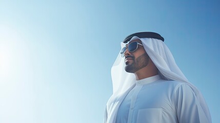 Arab businessman in Dubai, one color background, copy space with generative ai