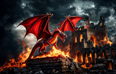 Red dragon roaring and spreading wings in fire