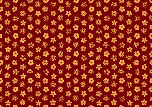 Traditional Asian plum, cherry blossoms gold seamless pattern on red background. Vector illustration. Flat style design. Lunar New Year, Mid Autumn Festival holiday backdrop, package, banner