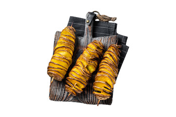 Crispy Tornado or twist potatoes chips on wooden board.  Transparent background. Isolated.