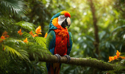 Macaw Colorful Parrot Sitting on Tropical Forest Tree Branch