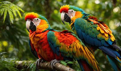 Two Macaw Couple Colorful Parrots Sitting on Tropical Forest Tree Branch