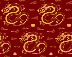 2024 Asian zodiac sign, Chinese dragon gold seamless pattern on red background. Vector illustration. Line art style design. Lunar New Year, Mid Autumn Festival holiday backdrop, package, banner