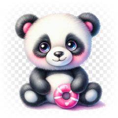 Panda, a teddy bear with a donut. Illustration on a transparent background.