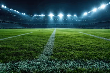 Foto op Plexiglas anti-reflex Football stadium arena for match with spotlight. Soccer sport background, green grass field for competition champion match. © TANATPON