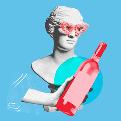 Female antique statue bust in fluffy sunglasses with hand holing bottle of wine over blue background. Contemporary artwork. Concept of party, surrealism, alcohol drinks. Pop art. Noise, grainy effect