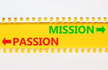 Passion or mission symbol. Concept word Passion or Mission on beautiful yellow paper. Beautiful white paper background. Business and passion or mission concept. Copy space.