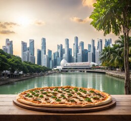 Pizza on a wooden table in front of skyscrapers in Singapore