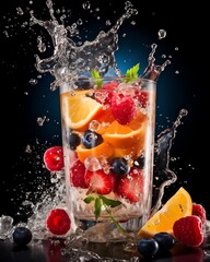 A fresh fruit in a glass of water with water splash on black background.