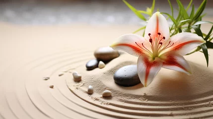 Tuinposter sand lily and spa stones in zen garden © Soomro