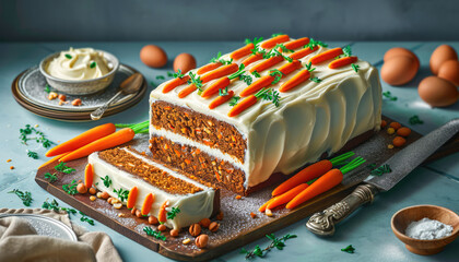 Easter carrot cake decorated with cream cheese  and mini marzipan carrots