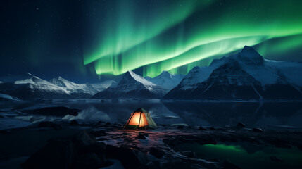 Winter mountain scenery with tents against the aurora backdrop