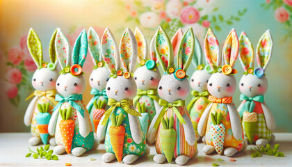 Collection of Handicraft Easter Rabbits. Stuffed Bunny Toys Dressed in Spring Outfits with carrots.
