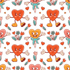 Seamless pattern for Valentines Day. Characters in old retro cartoon style. Dancing funky-groovy cute lollipops and hearts with flowers. For wallpaper, fabric, wrapping, background.